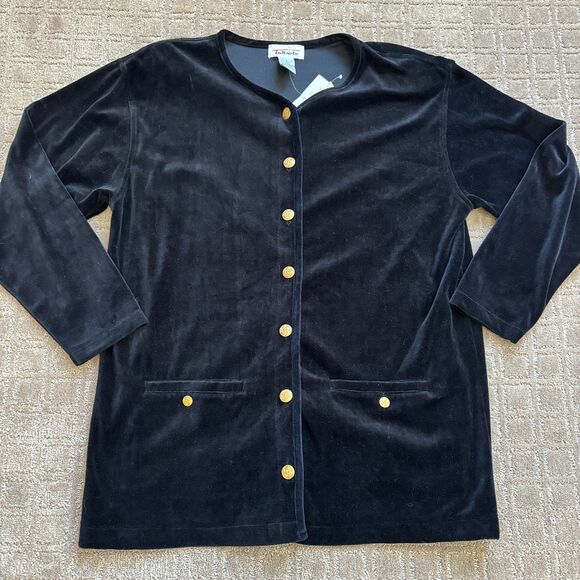 Talbots VTG Black Velvet Tunic Top Blouse Women's Large Gold Buttons NWT Pockets - Picture 1 of 7